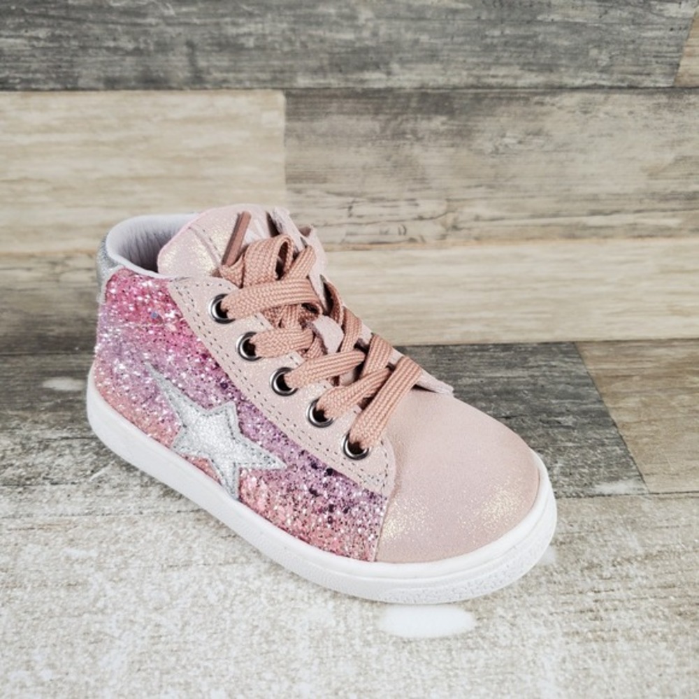 Naturino Pinn Toddler Shoes Sz 7.5 Pink Silver Glitter High Top Lace-Up Sneakers